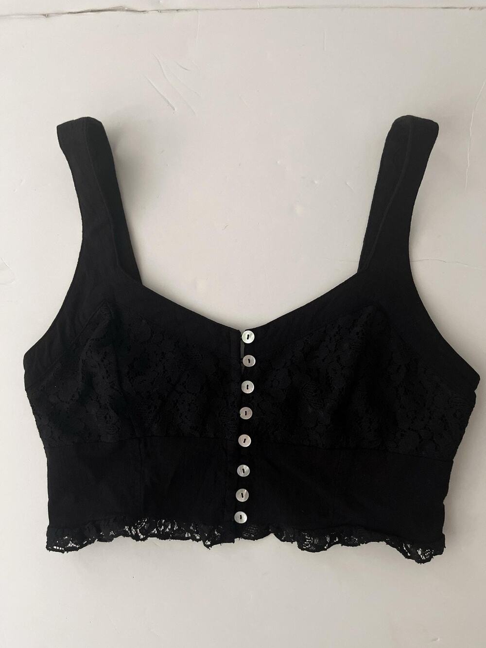 Free People Bustier Top Womens M Black Lace Button Front Zip Cropped Y2K